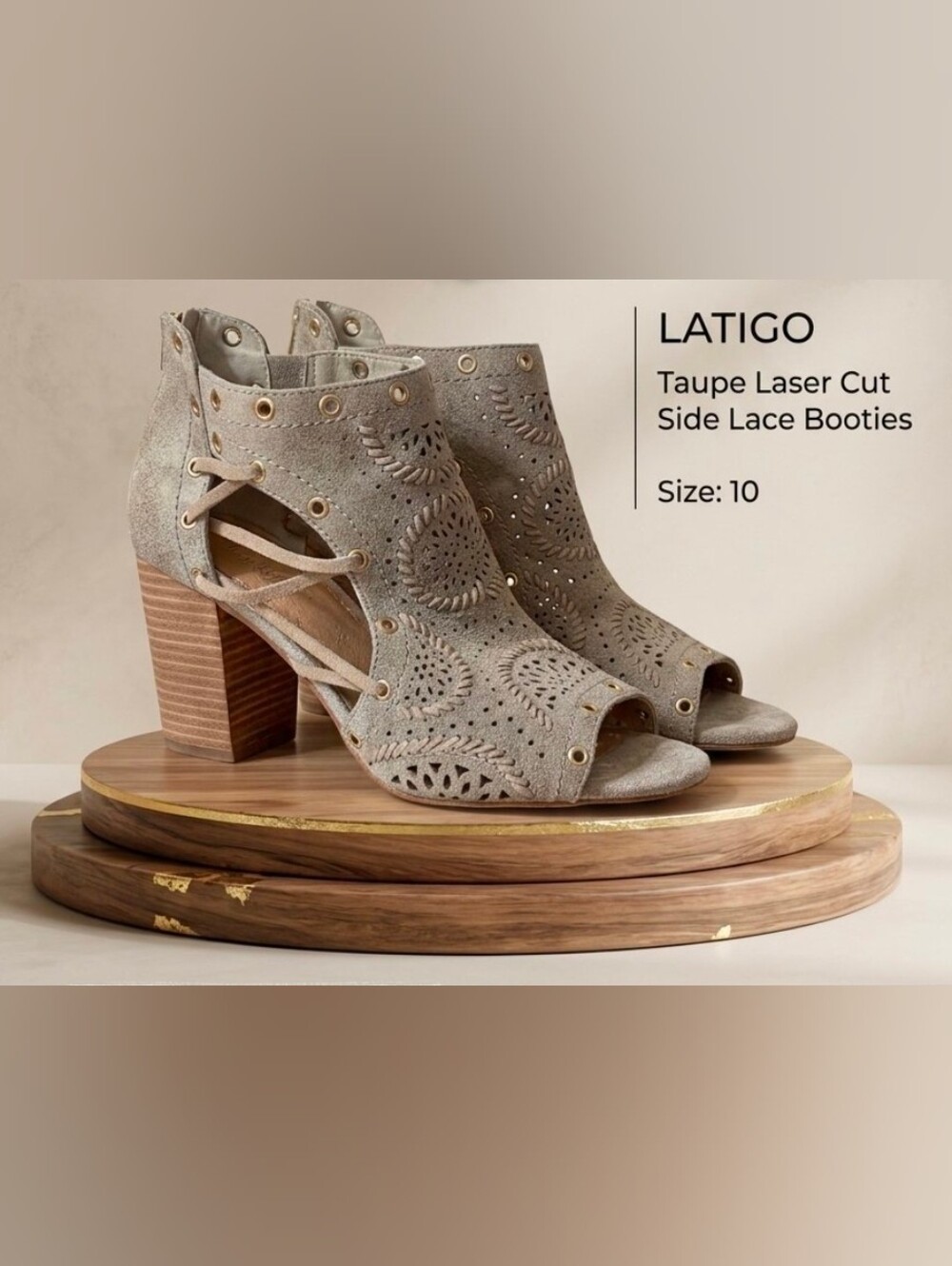 Latigo Taupe Laser Cut Side Lace Booties Size 10